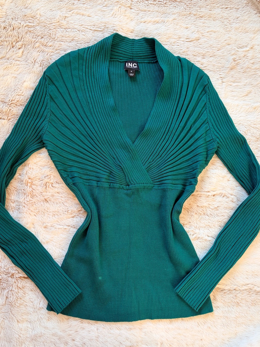 💚 Vintage INC Green Ribbed Wrap Sweater Top M Y2K Snatched Waist Office Siren